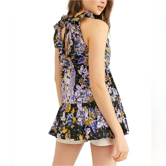 Free People Summer In Tulum Boho Linen Tunic Top Mini Dress Black Purple Medium - Picture 4 of 13